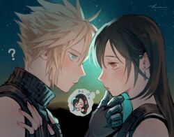  1boy 1girl ? bare_shoulders black_gloves black_hair blonde_hair blue_eyes blue_sweater blush closed_mouth cloud_strife commentary_request couple earrings final_fantasy final_fantasy_vii final_fantasy_vii:_ever_crisis final_fantasy_vii_remake fingerless_gloves flying_sweatdrops from_side gloves hand_on_another's_chin hands_on_another's_chest hetero highres hrfa_2222 jewelry long_hair looking_at_another low-tied_long_hair night profile red_eyes ribbed_sweater signature sky sleeveless sleeveless_turtleneck speech_bubble spiky_hair star_(sky) starry_sky suspenders sweatdrop sweater tank_top teardrop_earrings thought_bubble tifa_lockhart turtleneck turtleneck_sweater upper_body white_tank_top 