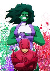  0nly8ball 1boy 1girl absurdres bodysuit character_logo colored_skin daredevil daredevil_(series) green_lips green_skin highres holding holding_baton holding_nunchaku holding_weapon horned_mask leotard marvel mask multicolored_leotard muscular muscular_female nunchaku print_bodysuit red_bodysuit red_mask she-hulk smile superhero_costume the_incredible_hulk_(series) two-tone_leotard weapon 