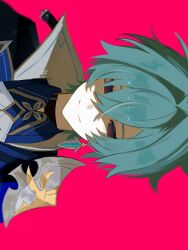  1boy absurdres armor black_choker black_eyes black_jacket blue_cape blue_shirt cape choker closed_mouth collared_shirt commentary empty_eyes genshin_impact green_hair hair_between_eyes highres jacket lapels lohen_(genshin_impact) looking_at_viewer male_focus mole mole_under_eye nokori04 open_clothes open_jacket pale_skin pink_background pink_pupils shaded_face shirt short_hair shoulder_armor simple_background smile solo two-sided_fabric two-sided_jacket untranslatable_commentary upper_body white_jacket 