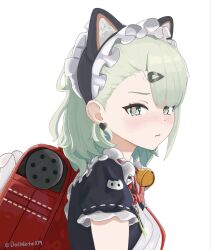  1girl animal_ear_hairband animal_ears asymmetrical_bangs bag bell black_dress cat_ear_hairband cat_ears closed_mouth commentary dollnote379 dress fake_animal_ears from_side green_eyes green_hair hair_ornament hairband hairclip highres looking_at_viewer maid neck_bell official_alternate_costume pout red_bag simple_background solo sunna_(afternoon_tea_break)_(zenless_zone_zero) sunna_(zenless_zone_zero) upper_body white_background zenless_zone_zero 