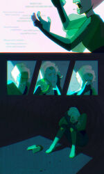  1girl angry blonde_hair commentary crying english_commentary fingerless_gloves gloves highres homeworld_gem_uniform messy_hair open_mouth original peridot_facet_6c4t_cut_2xj puffy_sleeves sad sharp_teeth sitting steven_universe teeth thefaeriemerchant 