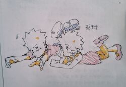  1boy 1girl bare_shoulders bart_simpson blonde_hair blue_shoes blue_shorts brother_and_sister cheek_rest colored_skin doxn123 dress hatching_(texture) highres jewelry korean_text leg_up legs_up linear_hatching lisa_simpson looking_at_another lying marker_(medium) millipen_(medium) necklace on_stomach pearl_necklace pen_(medium) puckered_lips red_dress red_sandals red_shirt sandals shirt shoes short_sleeves shorts siblings sketch sneakers spiky_hair strapless strapless_dress swinging_legs t-shirt the_simpsons traditional_media yellow_skin 