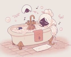 2girls arthropod_girl bath bathtub black_skin bubble_bath bug butterfly closed_eyes colored_skin commentary english_commentary faceless giant giantess grand_mother_silk_(hollow_knight) hair_ornament hair_stick hair_tied_together hat highres hollow_knight hollow_knight:_silksong lace_(hollow_knight) long_hair lying multiple_girls musical_note no_mouth oru_(0ruru_0ru95) towel very_long_hair white_eyes white_hair white_hat 
