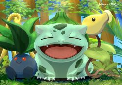  bellsprout blue_skin bulbasaur claws closed_eyes colored_skin fangs grass grass_type_theme_(pokemon) green_skin leaf no_humans oddish open_mouth pitcher_plant plant pokemon pokemon_(creature) red_eyes rumiko_(vertlapin96) sitting smile tree 