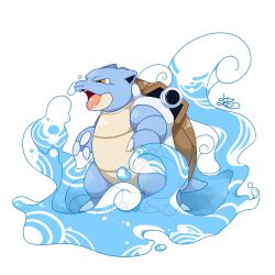  blastoise brown_eyes claws full_body highres no_humans open_mouth pokemon pokemon_(creature) signature simple_background solo water white_background zuiaimao 