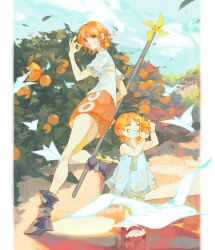 2girls absurdres aged_down bare_legs bare_shoulders bird blue_sky boots brown_boots brown_eyes closed_eyes clouds cloudy_sky coin commentary dress dual_persona falling_leaves food fruit full_body gold_coin grin highres holding holding_coin holding_food holding_fruit holding_staff leaf legs lirubik looking_at_viewer mandarin_orange miniskirt money_gesture multiple_girls nami_(one_piece) one_piece orange_hair orange_skirt orange_tree outdoors paper_airplane pinwheel sandals shirt short_hair short_sleeves skirt sky smile staff white_bird white_shirt 
