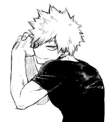  1boy arms_up bakugou_katsuki boku_no_hero_academia closed_mouth commentary crosshatching dkyoudai ear_piercing earrings eyebrows_hidden_by_hair facial_hair fist_in_hand from_side greyscale hair_between_eyes hatching_(texture) jewelry linear_hatching looking_at_viewer looking_to_the_side male_focus monochrome own_hands_together piercing sanpaku shirt short_hair short_sleeves sideburns_stubble simple_background smile solo spiky_hair split_mouth stubble t-shirt tsurime turning_head upper_body white_background 