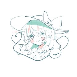  1girl :q bow commentary cropped_head disembodied_linked_eye frilled_shirt_collar frills green_eyes hair_between_eyes hat hat_bow heart heart_of_string highres komeiji_koishi long_hair looking_at_viewer making-of_available nig_18 simple_background solo tongue tongue_out touhou white_background 