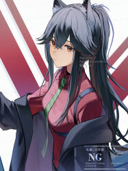  1girl animal_ear_fluff animal_ears arknights black_hair black_jacket brown_eyes collared_shirt commentary expressionless from_side green_necktie highres jacket long_hair miyanami_3 necktie off_shoulder official_alternate_costume open_clothes open_jacket ponytail red_shirt shirt signature square-end_necktie suit_jacket texas_(arknights) texas_(willpower)_(arknights) twitter_username upper_body watermark wolf_ears wolf_girl 