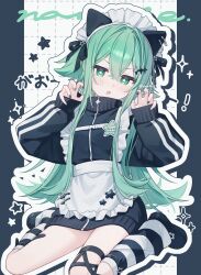  1girl absurdres animal_ears apron black_jacket black_shoes cat_ears character_name claw_pose commentary_request fake_animal_ears floating_hair frilled_apron frills full_body green_eyes green_hair hair_flaps highres jacket jersey_maid leg_warmers long_hair maid maid_headdress namin_(namin_star) nanase_(namin) open_mouth original shoes sidelocks sitting sleeves_past_wrists solo star-shaped_pupils star_(symbol) striped_leg_warmers symbol-shaped_pupils unconventional_maid wariza white_apron 