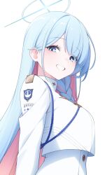  1girl absurdres astra_chichi blue_archive blue_eyes blue_hair blue_halo braid breasts colored_inner_hair commentary_request cropped_jacket from_side general_student_council_president_(blue_archive) grin halo highres jacket long_hair looking_at_viewer looking_to_the_side medium_breasts multicolored_hair pink_hair simple_background single_braid smile solo two-tone_hair white_background white_jacket 