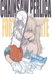  2girls animal_ears arknights arknights:_endfield bare_shoulders bird_ears bird_girl black_gloves blue_eyes chainsaw english_commentary gloves gradient_hair green_hair highres holding holding_chainsaw horns long_hair looking_at_viewer multicolored_hair multiple_girls perlica_(arknights) pointy_ears red_hair red_horns reflection sunami.seastorm upper_body zhuang_fangyi_(arknights) 