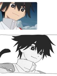  1boy 6a9afc6d absurdres animal_ears black_eyes black_hair bright_pupils cape cat_ears false_memory grey_shirt high_collar highres male_focus protagonist_halo red_cape reference_inset shirt simple_background white_background white_pupils 