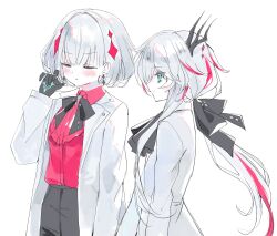  1girl 2girls absurdres alternate_costume alternate_hair_length_(longer) alternate_hair_length_(shorter) alternate_hairstyle bags_under_eyes black_bow black_bowtie black_gloves black_pants blue_eyes blush bow bowtie closed_eyes coat collared_shirt commentary_request croma_mhach diamond-shaped_earrings dress gloves hair_bow highres horns lab_coat large_bow long_hair long_sleeves low_ponytail multicolored_hair multiple_girls open_clothes open_coat pants phylene_(shadowverse) ponytail red_shirt red_streaks sephie_(shadowverse) shadowverse shirt short_hair streaked_hair symbol-shaped_pupils triangle-shaped_pupils white_background white_coat white_dress white_hair 
