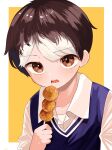  1boy bangs brown_eyes brown_hair child collared_shirt colored_tips commentary_request food highres holding holding_food holding_skewer kebab kurinsubtaro looking_at_viewer lower_teeth male_child male_focus meat meatball multicolored_hair open_mouth original shirt short_hair simple_background skewer solo teeth two-tone_hair upper_teeth white_hair 