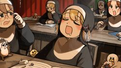 6+girls :< absurdres adjusting_eyewear baby_animal behind_curtains bird blonde_hair blue_eyes brown_eyes brown_hair bug cat chicken cicada closed_eyes clumsy_nun_(diva) commentary curtains diva_(hyxpk) drooling duck duckling english_commentary eraser facepalm froggy_nun_(diva) glasses glasses_nun_(diva) hedgehog highres hungry_nun_(diva) little_nuns_(diva) mole mole_on_cheek mouth_drool multiple_girls notebook nun pencil round_eyewear sleeping sleeping_upright spicy_nun_(diva) strict_nun_(diva) traditional_nun 