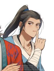  2boys all_wishes_come_true! arm_wrap black_hair blue_hanfu blue_trim blush brown_eyes busige chinese_clothes coat collarbone commentary_request crossed_arms finger_to_mouth flame_print hand_up hanfu high_ponytail highres index_finger_raised layered_sleeves long_hair looking_at_another lv_dongbin_(all_wishes_come_true!) male_focus multiple_boys out_of_frame parted_lips ponytail print_robe red_coat shushing sidelocks simple_background solo_focus twitter_username upper_body watermark white_background white_hanfu zhongli_quan_(all_wishes_come_true!) 