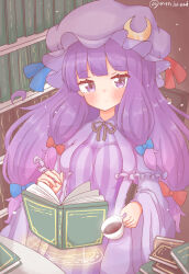  1girl blue_bow blunt_bangs blush book book_stack bookshelf bow breasts closed_mouth coffee coffee_mug commentary_request crescent crescent_hat_ornament cup dress hair_bow hat hat_ornament highres large_breasts library long_hair long_sleeves looking_at_viewer magic_circle mob_cap mtn_bread mug multiple_hair_bows neck_ribbon open_book patchouli_knowledge purple_dress purple_hair purple_hat purple_robe red_bow ribbon robe solo striped_clothes striped_dress table touhou twitter_username vertical-striped_clothes vertical-striped_dress violet_eyes wide_sleeves 