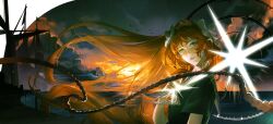  1girl bird bow brown_hairband clouds commentary e.g.o_(project_moon) hair_bow hairband hand_up highres ishmael_(project_moon) limbus_company long_hair looking_at_viewer neckerchief ocean orange_eyes orange_hair parted_lips project_moon rope sailor_collar sheenjoelle ship snagharpoon_(e.g.o) solo sunset very_long_hair watercraft white_bow white_neckerchief white_sailor_collar 