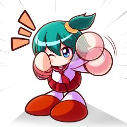  1girl afterimage asouuuu bandaged_hand bandages blue_eyes commentary_request green_hair hair_ornament hair_scrunchie jikkyou_powerful_pro_yakyuu jikkyou_powerful_pro_yakyuu_(style) multicolored_shoes nanashima_asami necktie no_mouth notice_lines one_eye_closed one_side_up pleated_skirt power_pro-kun_pocket power_pro-kun_pocket_13 rayman_limbs red_necktie red_sailor_collar red_shoes red_skirt sailor_collar school_uniform scrunchie shirt shoes short_hair skirt smile solo two-tone_shoes waving white_shirt white_shoes yellow_scrunchie 