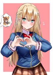  +_+ 1girl absurdres asakura_karen_(heaven_burns_red) blazer blonde_hair blue_eyes blue_jacket blush border bow bowtie braid brainporain brown_skirt camera closed_mouth collared_shirt commentary cowboy_shot diamond-shaped_pupils diamond_(shape) flying_sweatdrops green_eyes hair_ribbon half_up_braid hands_up heart heart_hands heaven_burns_red highres holding holding_camera hood hoodie jacket long_hair long_sleeves looking_at_viewer notice_lines orange_hoodie outside_border pink_background plaid_clothes plaid_skirt red_bow red_bowtie ribbon shirt simple_background skirt smile solo speech_bubble spoken_character straight_hair symbol-shaped_pupils taking_picture tojo_tsukasa untranslatable_commentary very_long_hair white_border white_ribbon white_shirt 