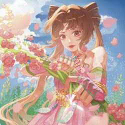  1girl absurdres arrow_(projectile) bare_shoulders beads blonde_hair blue_gem blue_sky bow-shaped_hair bow_(weapon) brooch brown_hair cherry_blossoms chinese_commentary clouds collarbone commentary_request cowboy_shot day double_bun downturned_eyes drawing_bow dress elbow_gloves eyelashes facial_mark fern fingerless_gloves fingernails flower flower_facial_mark flower_symbol forehead_mark foreshortening gem glint gloves gradient_hair hair_beads hair_bun hair_ornament halter_dress halterneck highres holding holding_arrow holding_bow_(weapon) holding_weapon infinity_nikki jewelry leaf light_particles light_smile lipstick long_hair looking_at_object makeup multicolored_hair nikki_(series) nostrils outdoors parted_bangs petals pink_dress pink_eyes pink_flower pink_gloves red_lips red_sash sash sidelocks sky solo standing stylist_(nikki) twintails two-tone_hair very_long_hair waist_sash wavy_hair weapon zuiaihuasansong 