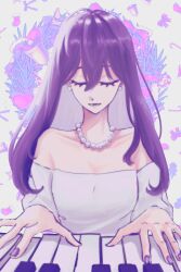  1girl absurdres bare_shoulders black_hair commentary_request dress earrings highres instrument jewelry korean_commentary mari_(faraway)_(omori) mari_(omori) necklace omori omori_0614 pearl_necklace piano piano_keys white_dress wreath 