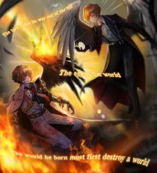  2boys absurdres angel_wings ascot black_ascot black_pants blonde_hair blood blood_on_clothes cape commentary_request debbie_kimm dual_persona egg fire full_body gauntlets highres holding holding_egg jacket limbus_company male_focus multiple_boys n_corp._fanatic_(identity)_(project_moon) pants project_moon sinclair_(project_moon) sun suspenders white_cape white_jacket white_pants wings yellow_eyes 