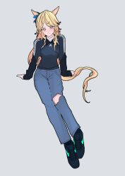  1girl absurdres adidas alternate_costume animal_ears black_shirt blonde_hair blue_bow blue_pants blue_shoes bow closed_mouth collared_shirt commentary_request denim ear_bow full_body gold_city_(umamusume) grey_background grey_eyes highres horse_ears horse_girl horse_tail jeans leaning_back long_hair long_sleeves looking_at_viewer pants pappi shirt shoes simple_background smile sneakers solo standing tail torn_clothes torn_jeans torn_pants umamusume 