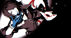  1boy black_background black_eyes black_hair black_jumpsuit blue_gloves commentary cowboy_shot doran_(doran7280) fox_(persona_5) gloves highres jumpsuit kitagawa_yusuke looking_at_viewer mask megami_tensei parted_lips persona persona_5 short_hair simple_background solo spotlight two-tone_background unworn_mask white_background 