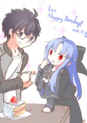  0fxqski24ksxllc 1boy 1girl absurdres black_bow black_capelet black_dress black_hair blue_hair blush bow cake capelet dress food fork fur-trimmed_capelet fur_trim glasses hair_bow half_updo happy_birthday highres holding holding_fork jacket len_(tsukihime) long_hair long_sleeves pointy_ears pom_pom_(clothes) red_eyes ribbon school_uniform short_hair skirt smile souya_high_school_uniform strawberry_shortcake sweater tohno_shiki tsukihime 