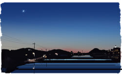  blue_sky border car cityscape clouds commentary_request crescent_moon evening fading_border fishing_rod gradient_sky lamppost moon motor_vehicle mountain no_humans orange_sky original outdoors power_lines scenery signature sky sunset utility_pole water white_border yk_funa 