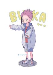  1boy arms_up black_hair blue_jacket closed_mouth commentary_request grey_jacket hair_up highres hoppe_puni jacket kieran_(pokemon) lapels league_club_uniform long_sleeves male_focus multicolored_hair outstretched_arms oversized_clothes pokemon pokemon_scarlet_and_violet purple_hair red_shirt shirt shoes shorts sleeves_past_wrists sneakers solo standing streaked_hair two-sided_fabric two-sided_jacket white_background white_shoes yellow_eyes 