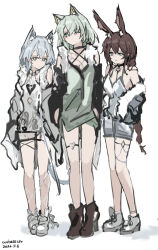  3girls :d absurdres alternate_costume amiya_(arknights) animal_ears arknights bare_legs bare_shoulders black_jacket blue_dress blue_eyes blue_hair blush boots braid braided_ponytail breasts brown_hair casual cat_ears cat_girl cat_tail clothes_pull diamond_o-ring dress expressionless full_body green_dress green_eyes green_hair hair_between_eyes heart heart_o-ring heart_print high_heel_boots high_heels highres jacket jacket_pull kal'tsit_(arknights) legs light_frown long_hair looking_at_viewer medium_breasts medium_hair microdress multiple_girls o-ring o-ring_thigh_strap off_shoulder open_clothes open_jacket rabbit_ears rabbit_girl rosmontis_(arknights) short_dress sleeveless sleeveless_dress small_breasts smile standing tail thigh_strap thighs very_long_hair whate=3r white_dress 