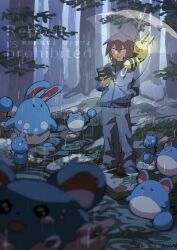  1boy azumarill azurill black_eyes commentary_request elekid evolutionary_line forest hand_in_pocket highres holding ichihara_yuuto jacket long_sleeves male_focus marill nature outdoors pants paul_(pokemon) pokemon pokemon_(anime) pokemon_(creature) pokemon_the_series:_diamond_and_pearl rain ripples shoes short_hair standing tree twitter_username umbrella water 