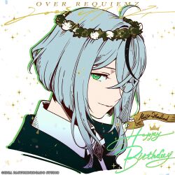  1boy ahoge character_name closed_mouth collared_shirt copyright_name green_eyes grey_hair happy_birthday head_wreath highres jacket kazari_tayu looking_at_viewer male_focus molly_woodland multicolored_hair official_art over_requiemz portrait shirt short_hair simple_background smile solo sparkle streaked_hair white_background white_shirt 