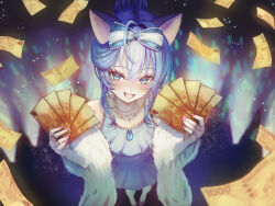  1girl absurdres bare_shoulders blue_eyes blue_hair character_request chest_jewel copyright_request dress highres holding holding_money mito_soosu money virtual_youtuber white_dress 
