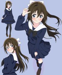  1girl arm_up black_bow black_bowtie black_pantyhose black_ribbon blue_background blue_eyes blue_serafuku blue_skirt blue_socks blush bow bowtie brown_hair brown_shoes commentary_request full_body hair_bow half_updo highres loafers long_sleeves looking_at_viewer love_live! love_live!_nijigasaki_high_school_idol_club multiple_views osaka_shizuku pantyhose ribbon sailor_collar school_uniform serafuku shinonome_sakura shoes skirt socks solo white_bow white_sailor_collar 
