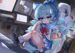  1girl absurdres ahoge bandaid bandaid_on_knee bandaid_on_leg black_shoes blue_bow blue_eyes blue_hair blue_sailor_collar blue_skirt blush bow can cellphone chair chinese_commentary cirno cirno_day closed_mouth commentary_request computer_keyboard desk detached_wings drawing_tablet drink_can gaming_chair hair_between_eyes hair_bow hair_ornament highres holding holding_phone hxj_(2324184595) ice ice_wings indoors large_variant_set looking_at_viewer mary_janes medium_hair monitor on_chair phone pointy_ears sailor_collar shirt shoes sitting skirt smartphone smile socks solo swivel_chair touhou variant_set watch watch white_shirt white_socks wings 