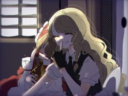  2girls ^_^ apron ascot black_skirt black_vest blonde_hair blush bottle bow braid brown_hair chantarou closed_eyes commentary detached_sleeves facing_viewer finger_to_mouth frilled_bow frilled_hair_tubes frills grin hair_bow hair_tubes hakurei_reimu highres holding holding_bottle kirisame_marisa leaning_on_person long_hair missing_headwear multiple_girls open_mouth red_bow red_skirt sake_bottle shushing side_braid single_braid skirt skirt_set sleeping sleeping_on_person smile touhou vest waist_apron white_apron white_bow yellow_ascot 
