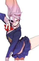  1girl asymmetrical_mask ballet blue_jacket blue_skirt bow bowtie dancing dandadan emblem fighting_stance hair_between_eyes hair_up highres jacket kami_high_school_uniform long_hair long_sleeves mask official_art parted_lips pink_hair pink_sweater pleated_skirt red_bow red_bowtie red_eyes school_uniform shiratori_aira_(dandadan) shiratori_aira_(transformed)_(dandadan) simple_background skirt solo standing standing_on_one_leg sweater tatsu_yukinobu teeth third-party_source transformation very_long_hair white_background 