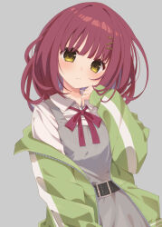  1girl belt black_belt blunt_bangs blush closed_mouth collared_shirt commentary cowboy_shot dress eyelashes futamihara_ririko green_jacket grey_background grey_dress hair_ornament hairclip hand_up head_tilt highres jacket light_frown limelight_lemonade_jam looking_at_viewer medium_hair minase_kaya neck_ribbon open_clothes open_jacket parallel_hairclips red_hair red_ribbon ribbon school_uniform shirt simple_background sleeveless sleeveless_dress sleeves_past_wrists solo tareme track_jacket white_shirt yellow_eyes 