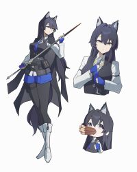  1girl absurdres animal_ears arknights black_coat black_hair black_pantyhose black_vest blue_gloves blue_necktie blue_shorts brown_eyes coat coat_on_shoulders collared_shirt fingerless_gloves food food_in_mouth gloves highres holding holding_sword holding_weapon natoryuu necktie pantyhose pantyhose_under_shorts pocky pocky_in_mouth shirt shorts sword tail texas_(arknights) texas_the_omertosa_(arknights) torn_clothes torn_necktie vest weapon white_background white_shirt wolf_brooch wolf_ears wolf_girl wolf_tail 
