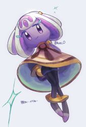  1girl arms_behind_back blue_background colored_skin commentary_request full_body highres kirby_(series) kirby_and_the_world_beyond multicolored_hair mysterious_girl_(kirby_and_the_world_beyond) purple_hair purple_skin reiro_(0ro_168) smile solo twitter_username two-tone_hair white_hair 