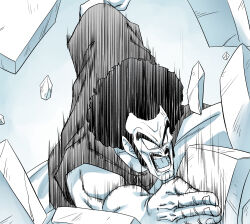  afro amayuki318 angry blue_background broad_shoulders commentary_request crack dougi dragon_ball dragon_ball_z facial_hair fighting_stance gradient_background highres hitting mr._satan muscular muscular_male mustache open_mouth partially_colored pectorals rock screaming short_sleeves teeth thick_eyebrows tile_roof tiles upper_body veiny_face white_background 