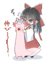  1girl animal animalization ascot axolotl bow brown_eyes brown_hair commentary_request detached_sleeves frilled_bow frilled_hair_tubes frills hair_bow hair_tubes hakurei_reimu hat hat_ribbon hem_(pixiv_128161793) highres long_hair mob_cap open_mouth red_bow red_ribbon red_skirt ribbon ribbon-trimmed_sleeves ribbon_trim shaded_face skirt skirt_set touhou translation_request white_hat yakumo_yukari yakumo_yukari_(axolotl) yellow_ascot 