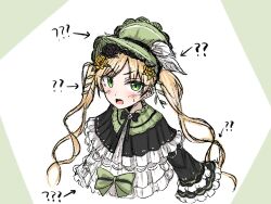  1girl ? black_bow black_bowtie black_capelet black_flower black_rose blonde_hair bonnet bow bow_flower bowtie capelet commentary_request dress flower frilled_capelet frilled_dress frilled_sleeves frills furrowed_brow green_bonnet green_eyes hair_flower hair_ornament highres kairi_krsr108 lolita_fashion long_hair long_sleeves mahou_shoujo_no_majo_saiban open_mouth pointing_out_the_details rose simple_background solo tono_hanna twintails upper_body v-shaped_eyebrows white_background wide_sleeves winged_hat yellow_flower yellow_rose 