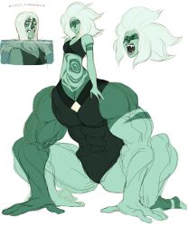  1girl abs closed_eyes closed_mouth colored_skin commentary crop_top disembodied_head english_commentary english_text extra_arms extra_eyes fangs fluffy_hair full_body gem green_skin grimace happyds homeworld_gem_uniform malachite_(steven_universe) medium_hair monster_girl muscular muscular_female open_mouth partially_submerged screaming simple_background sketch steven_universe striped_skin taur teeth upper_body water wet wet_hair white_background 