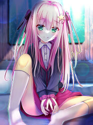  1girl :q absurdres black_jacket blurry blurry_background blush bound bound_wrists brown_ribbon closed_mouth collared_shirt commentary eyes_visible_through_hair fingernails foot_out_of_frame green_eyes hair_between_eyes hair_intakes hair_ornament hair_ribbon highres indoors jacket knee_up kneehighs lens_flare licking_lips light_particles long_hair long_sleeves looking_at_viewer miniskirt naughty_face night no_shoes on_bed partially_unzipped pink_hair red_skirt ribbon sanpaku select_oblige shirt sidelighting sidelocks sitting skirt smile socks solo spiky_hair split_mouth star_(symbol) star_hair_ornament tongue tongue_out two_side_up v_arms very_long_hair white_shirt white_socks xiexianglg yato_kukuru zipper 