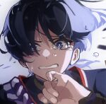  1boy bishounen clenched_teeth crying crying_with_eyes_open genshin_impact hand_up inertraccoon japanese_clothes looking_at_viewer male_focus purple_hair scaramouche_(genshin_impact) short_hair simple_background solo tears teeth upper_body violet_eyes white_background wind 
